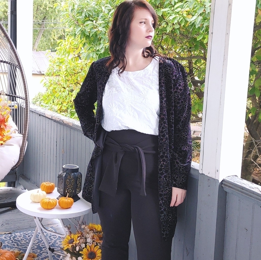 Onyx Nite Black Burnout Velvet Open Front Cardigan Size 8 Evening Wear - Picture 3 of 13